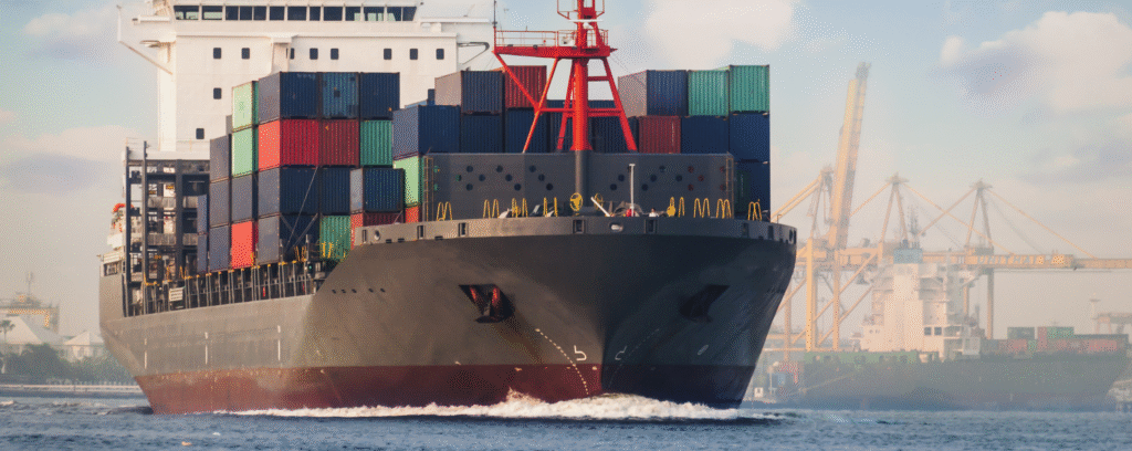 A large container freighter sails across the open sea. The decks are loaded with colorful containers, the horizon is visible in the distance.
